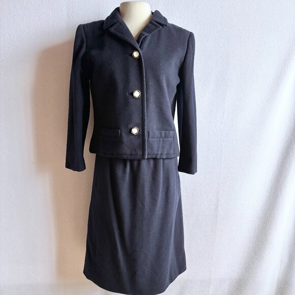 Navy Blue Wool Boxy Jacket Slim Skirt Woman's Suit - Picture 1 of 13